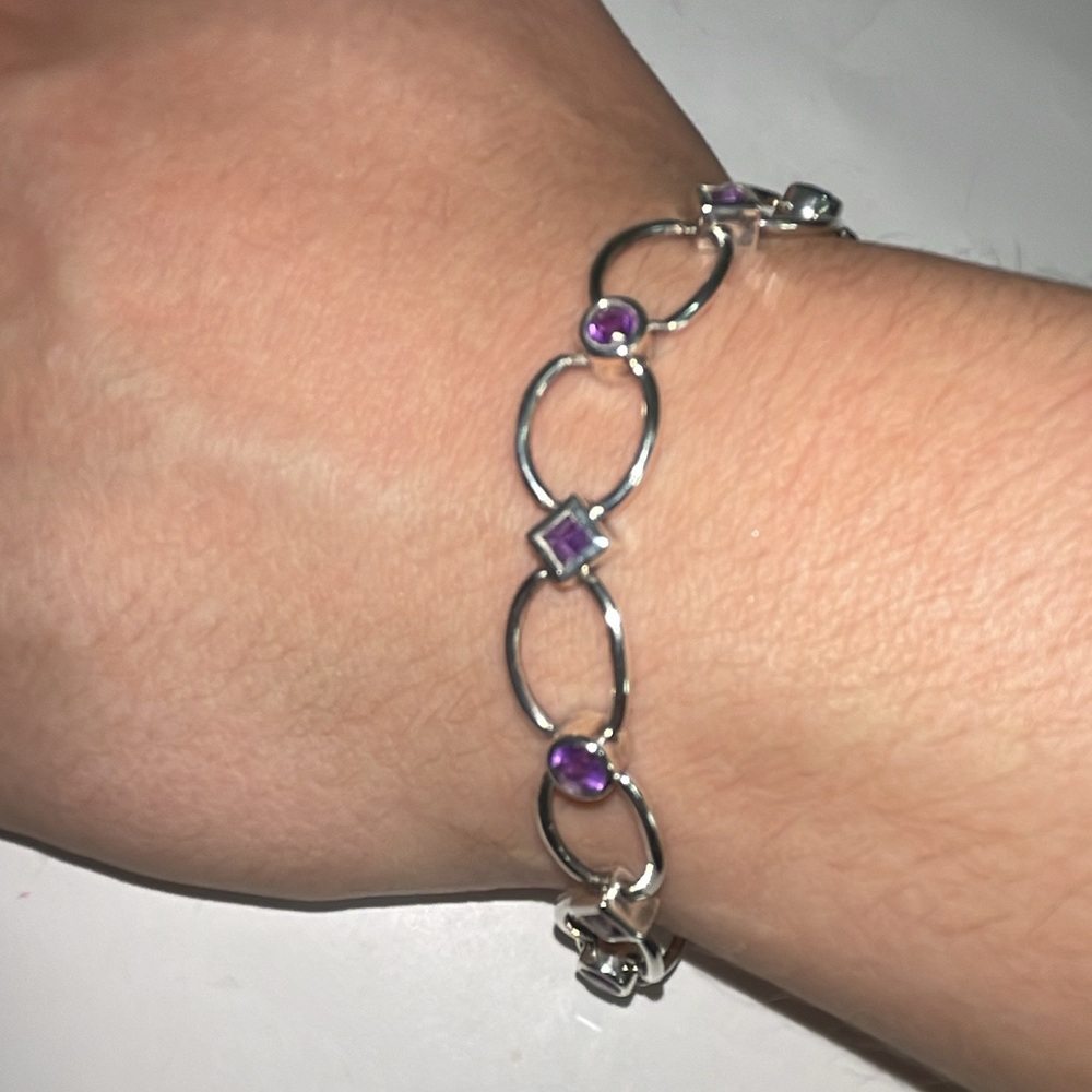 Solid 925 Sterling Silver Natural Purple Amethyst Bezel Bracelet Adjustable